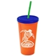 a orange cup & translucent blue lid & translucent green straw promotional personalized 24 oz stadium plastic tumbler cup with straw and lid