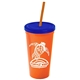 a orange cup & translucent blue lid & translucent orange straw promotional personalized 24 oz stadium plastic tumbler cup with straw and lid