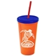 a orange cup & translucent blue lid & translucent red straw promotional personalized 24 oz stadium plastic tumbler cup with straw and lid