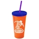 a orange cup & translucent blue lid & translucent violet straw promotional personalized 24 oz stadium plastic tumbler cup with straw and lid