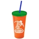 a orange cup & translucent green lid & translucent blue straw promotional personalized 24 oz stadium plastic tumbler cup with straw and lid