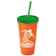 a orange cup & translucent green lid & translucent green straw promotional personalized 24 oz stadium plastic tumbler cup with straw and lid