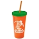 a orange cup & translucent green lid & translucent orange straw promotional personalized 24 oz stadium plastic tumbler cup with straw and lid