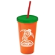 a orange cup & translucent green lid & translucent red straw promotional personalized 24 oz stadium plastic tumbler cup with straw and lid
