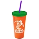a orange cup & translucent green lid & translucent violet straw promotional personalized 24 oz stadium plastic tumbler cup with straw and lid