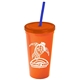 a orange cup & translucent orange lid & translucent blue straw promotional personalized 24 oz stadium plastic tumbler cup with straw and lid