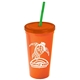 a orange cup & translucent orange lid & translucent green straw promotional personalized 24 oz stadium plastic tumbler cup with straw and lid