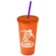 a orange cup & translucent orange lid & translucent violet straw promotional personalized 24 oz stadium plastic tumbler cup with straw and lid