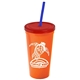 a orange cup & translucent red lid & translucent blue straw promotional personalized 24 oz stadium plastic tumbler cup with straw and lid