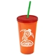 a orange cup & translucent red lid & translucent green straw promotional personalized 24 oz stadium plastic tumbler cup with straw and lid