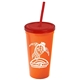 a orange cup & translucent red lid & translucent red straw promotional personalized 24 oz stadium plastic tumbler cup with straw and lid