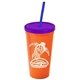 a orange cup & translucent violet lid & translucent blue straw promotional personalized 24 oz stadium plastic tumbler cup with straw and lid