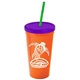 a orange cup & translucent violet lid & translucent green straw promotional personalized 24 oz stadium plastic tumbler cup with straw and lid