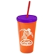a orange cup & translucent violet lid & translucent red straw promotional personalized 24 oz stadium plastic tumbler cup with straw and lid