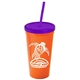 a orange cup & translucent violet lid & translucent violet straw promotional personalized 24 oz stadium plastic tumbler cup with straw and lid