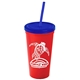 a red cup & translucent blue lid & translucent blue straw promotional personalized 24 oz stadium plastic tumbler cup with straw and lid