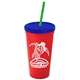 a red cup & translucent blue lid & translucent green straw promotional personalized 24 oz stadium plastic tumbler cup with straw and lid