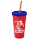 a red cup & translucent blue lid & translucent orange straw promotional personalized 24 oz stadium plastic tumbler cup with straw and lid