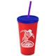 a red cup & translucent blue lid & translucent violet straw promotional personalized 24 oz stadium plastic tumbler cup with straw and lid