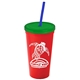 a red cup & translucent green lid & translucent blue straw promotional personalized 24 oz stadium plastic tumbler cup with straw and lid