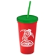 a red cup & translucent green lid & translucent green straw promotional personalized 24 oz stadium plastic tumbler cup with straw and lid