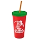 a red cup & translucent green lid & translucent orange straw promotional personalized 24 oz stadium plastic tumbler cup with straw and lid