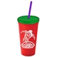 a red cup & translucent green lid & translucent violet straw promotional personalized 24 oz stadium plastic tumbler cup with straw and lid