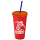a red cup & translucent orange lid & translucent blue straw promotional personalized 24 oz stadium plastic tumbler cup with straw and lid