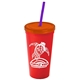 a red cup & translucent orange lid & translucent violet straw promotional personalized 24 oz stadium plastic tumbler cup with straw and lid