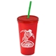 a red cup & translucent red lid & translucent green straw promotional personalized 24 oz stadium plastic tumbler cup with straw and lid