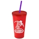 a red cup & translucent red lid & translucent violet straw promotional personalized 24 oz stadium plastic tumbler cup with straw and lid