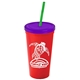 a red cup & translucent violet lid & translucent green straw promotional personalized 24 oz stadium plastic tumbler cup with straw and lid