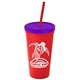 a red cup & translucent violet lid & translucent red straw promotional personalized 24 oz stadium plastic tumbler cup with straw and lid