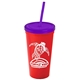 a red cup & translucent violet lid & translucent violet straw promotional personalized 24 oz stadium plastic tumbler cup with straw and lid