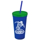 a royal blue cup & translucent green lid & translucent blue straw promotional personalized 24 oz stadium plastic tumbler cup with straw and lid