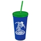 a royal blue cup & translucent green lid & translucent green straw promotional personalized 24 oz stadium plastic tumbler cup with straw and lid
