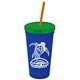 a royal blue cup & translucent green lid & translucent orange straw promotional personalized 24 oz stadium plastic tumbler cup with straw and lid