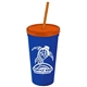 a royal blue cup & translucent orange lid & translucent orange straw promotional personalized 24 oz stadium plastic tumbler cup with straw and lid