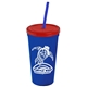 a royal blue cup & translucent red lid & translucent blue straw promotional personalized 24 oz stadium plastic tumbler cup with straw and lid