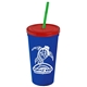 a royal blue cup & translucent red lid & translucent green straw promotional personalized 24 oz stadium plastic tumbler cup with straw and lid