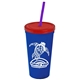 a royal blue cup & translucent red lid & translucent violet straw promotional personalized 24 oz stadium plastic tumbler cup with straw and lid