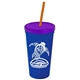 a royal blue cup & translucent violet lid & translucent orange straw promotional personalized 24 oz stadium plastic tumbler cup with straw and lid