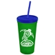 a translucent green cup & translucent blue lid & translucent blue straw promotional personalized 24 oz stadium plastic tumbler cup with straw and lid
