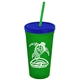 a translucent green cup & translucent blue lid & translucent green straw promotional personalized 24 oz stadium plastic tumbler cup with straw and lid