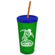 a translucent green cup & translucent blue lid & translucent orange straw promotional personalized 24 oz stadium plastic tumbler cup with straw and lid