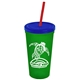 a translucent green cup & translucent blue lid & translucent red straw promotional personalized 24 oz stadium plastic tumbler cup with straw and lid