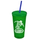 a translucent green cup & translucent green lid & translucent blue straw promotional personalized 24 oz stadium plastic tumbler cup with straw and lid