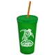 a translucent green cup & translucent green lid & translucent orange straw promotional personalized 24 oz stadium plastic tumbler cup with straw and lid