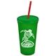 a translucent green cup & translucent green lid & translucent red straw promotional personalized 24 oz stadium plastic tumbler cup with straw and lid