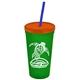 a translucent green cup & translucent orange lid & translucent blue straw promotional personalized 24 oz stadium plastic tumbler cup with straw and lid